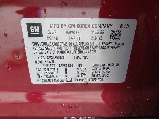 Aukcja sprzedaży 2022 Chevrolet Trax Fwd Lt, vin: KL7CJLSM3NB546280, numer aukcji: 45140315