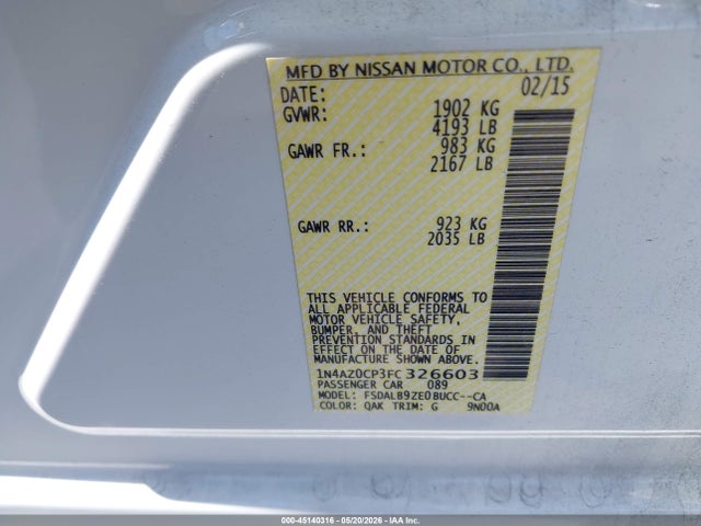 45140316 :رقم المزاد ، 1N4AZ0CP3FC326603 vin ، 2015 Nissan Leaf S مزاد بيع
