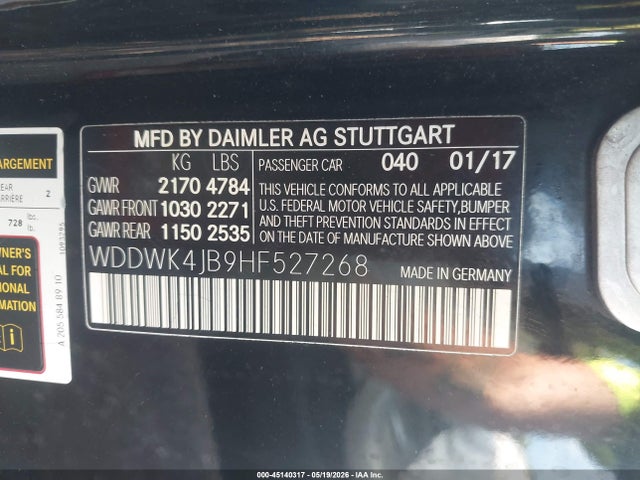 2017 Mercedes-benz C 300 მანქანა იყიდება აუქციონზე, vin: WDDWK4JB9HF527268, აუქციონის ნომერი: 45140317