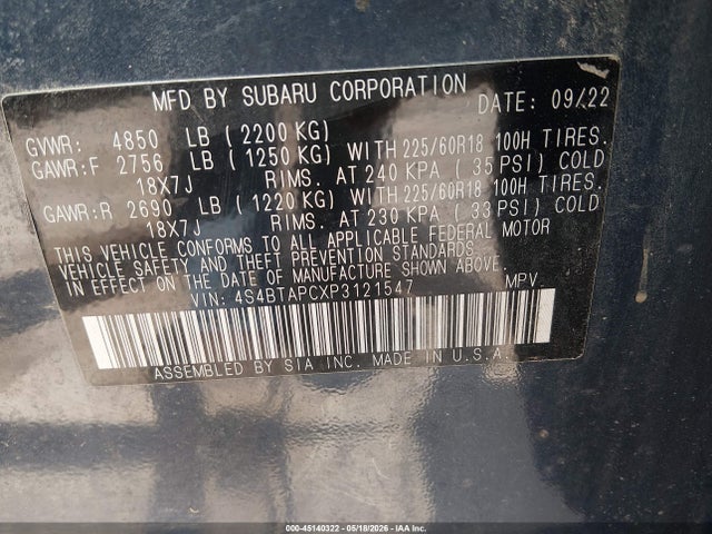 2023 Subaru Outback Touring მანქანა იყიდება აუქციონზე, vin: 4S4BTAPCXP3121547, აუქციონის ნომერი: 45140322