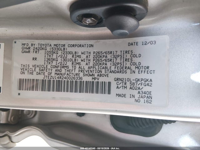 45140340 :رقم المزاد ، JTEZU14R240026336 vin ، 2004 Toyota 4runner Sr5 V6 مزاد بيع