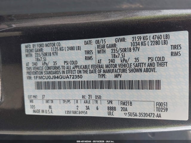 Aukcja sprzedaży 2016 Ford Escape Titanium, vin: 1FMCU0J94GUA72350, numer aukcji: 45140344