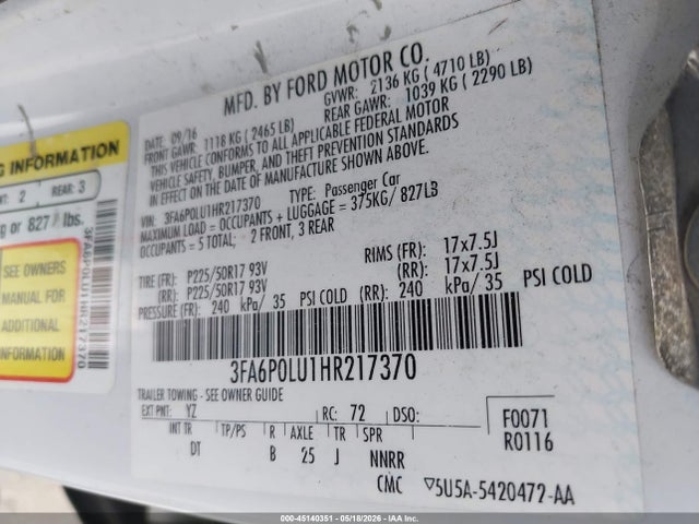 Ford Fusion Hybrid Se 2017 3FA6P0LU1HR217370 Image 9