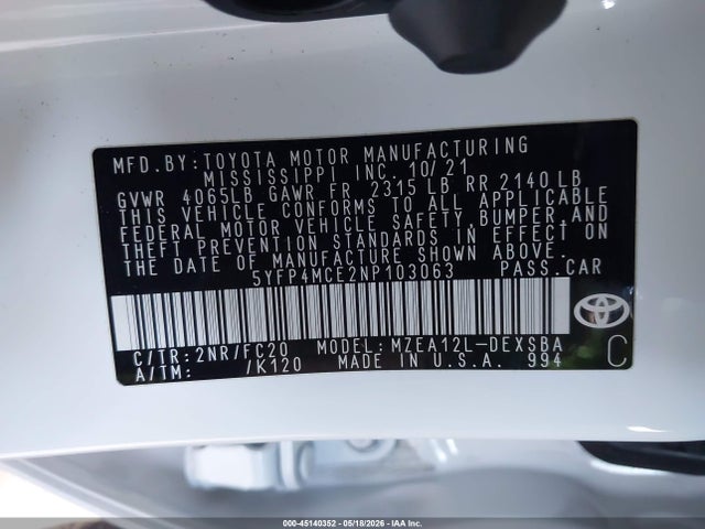 5YFP4MCE2NP103063 Toyota COROLLA SE