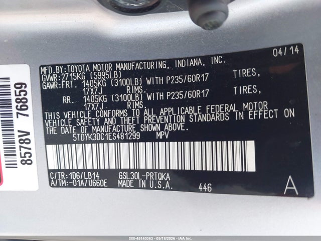 2014 Toyota Sienna Xle V6 7 Passenger Auto Access Seat/xle V6 8 Passenger მანქანა იყიდება აუქციონზე, vin: 5TDYK3DC1ES481299, აუქციონის ნომერი: 45140363