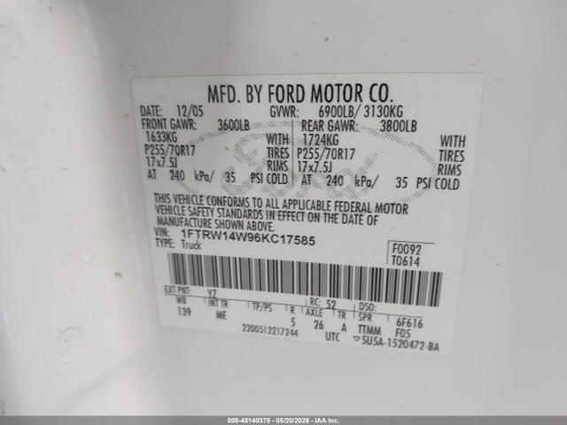 Продажа на аукционе авто 2006 Ford F-150 Xlt, vin: 1FTRW14W96KC17585, номер лота: 45140378