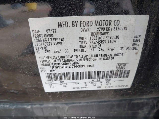 Aukcja sprzedaży 2022 Ford Explorer Platinum, vin: 1FM5K8HC7NGB90998, numer aukcji: 45140382