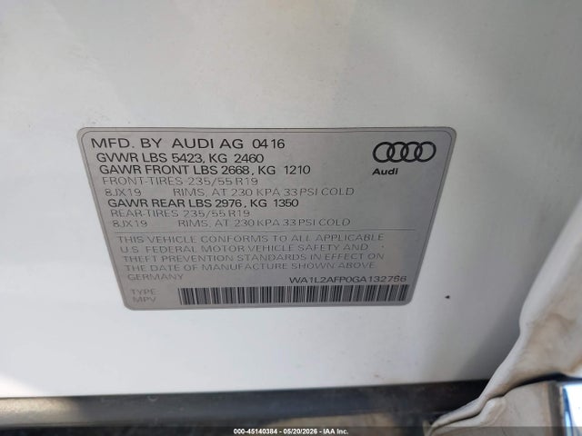 Продаж на аукціоні авто 2016 Audi Q5 2.0t Premium, vin: WA1L2AFP0GA132756, номер лоту: 45140384