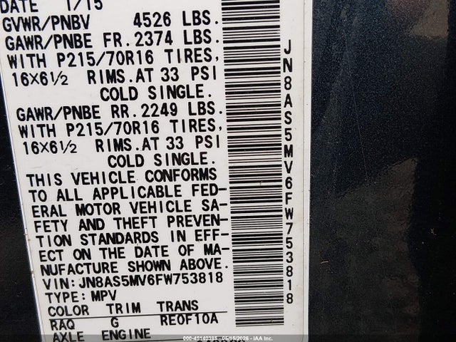 JN8AS5MV6FW753818 Nissan Rogue Select S