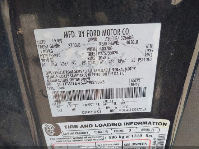 Продаж на аукціоні авто 2010 Ford F-150 Fx4/harley-davidson/king Ranch/lariat/platinum/xl/xlt, vin: 1FTFW1EV5AFB21365, номер лоту: 45140400