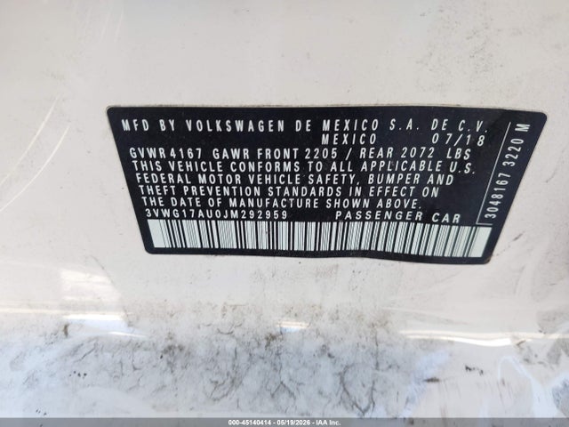 Продажа на аукционе авто 2018 Volkswagen Golf Tsi S/tsi Se, vin: 3VWG17AU0JM292959, номер лота: 45140414