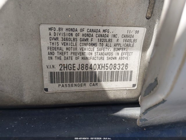 45140418 :رقم المزاد ، 2HGEJ8640XH508326 vin ، 1999 Honda Civic Ex مزاد بيع