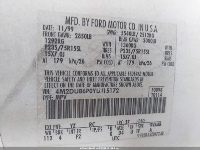 2000 Mercury Mountaineer მანქანა იყიდება აუქციონზე, vin: 4M2DU86P0YUJ15172, აუქციონის ნომერი: 45140419
