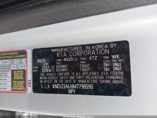 2021 Kia Soul S მანქანა იყიდება აუქციონზე, vin: KNDJ23AU4M7796590, აუქციონის ნომერი: 45140420