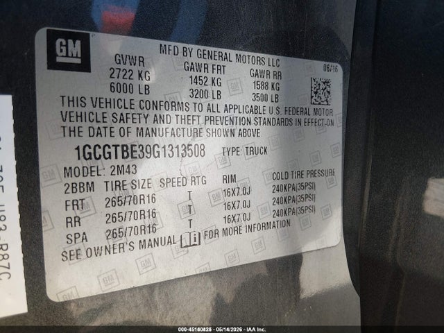 Aukcja sprzedaży 2016 Chevrolet Colorado Wt, vin: 1GCGTBE39G1313508, numer aukcji: 45140425