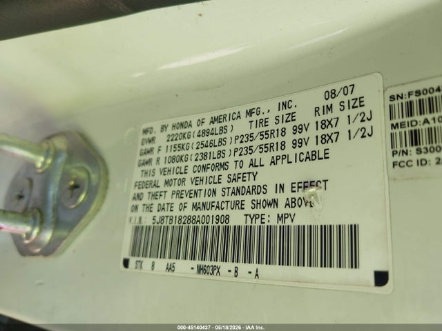 45140437 :رقم المزاد ، 5J8TB18288A001908 vin ، 2008 Acura Rdx مزاد بيع
