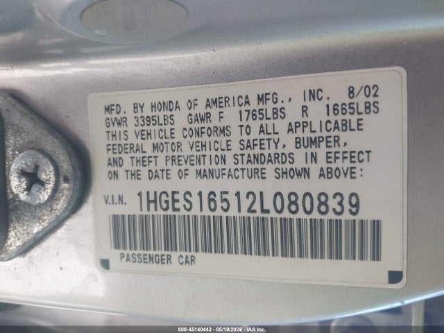 45140443 :رقم المزاد ، 1HGES16512L080839 vin ، 2002 Honda Civic Lx مزاد بيع