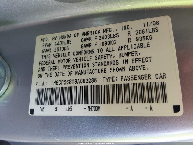45140458 :رقم المزاد ، 1HGCP26819A062288 vin ، 2009 Honda Accord 2.4 Ex-l مزاد بيع