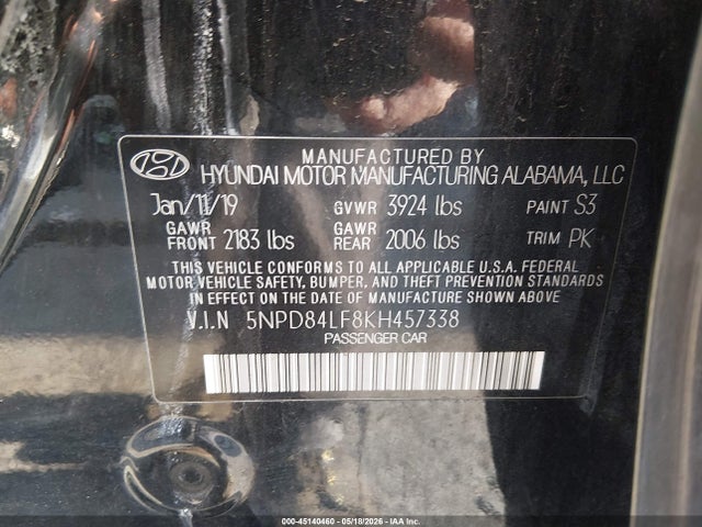 Aukcja sprzedaży 2019 Hyundai Elantra Sel, vin: 5NPD84LF8KH457338, numer aukcji: 45140460