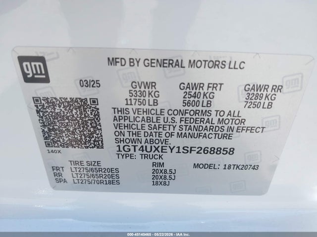 45140465 :رقم المزاد ، 1GT4UXEY1SF268858 vin ، 2025 Gmc Sierra 2500hd 4wd  Standard Bed Denali Ultimate مزاد بيع