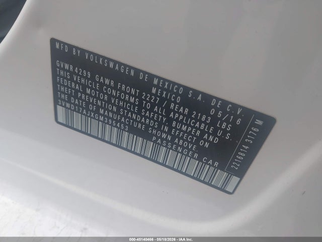 45140466 :رقم المزاد ، 3VWD17AJXGM395453 vin ، 2016 Volkswagen Jetta 1.8t Sport مزاد بيع
