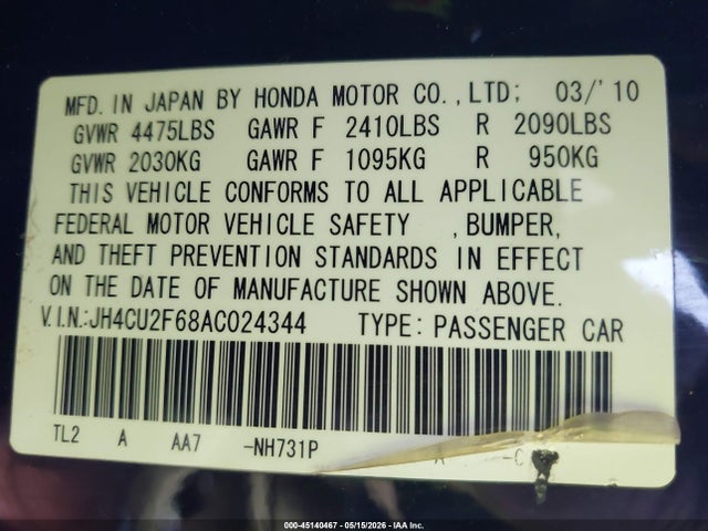 Aukcja sprzedaży 2010 Acura Tsx 2.4, vin: JH4CU2F68AC024344, numer aukcji: 45140467