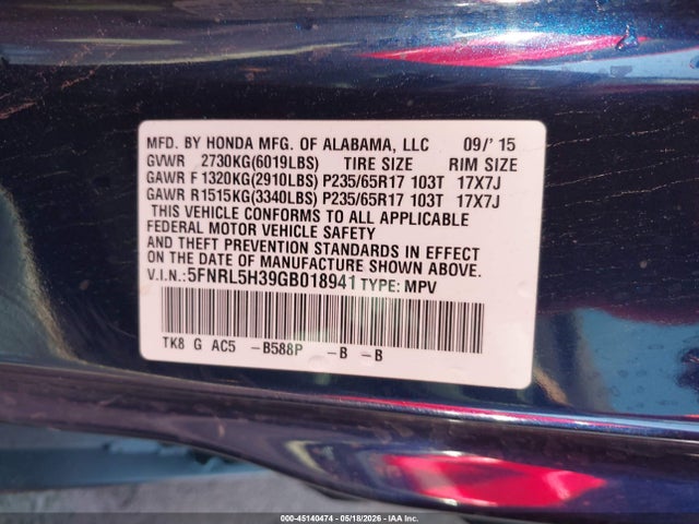 Aukcja sprzedaży 2016 Honda Odyssey Se, vin: 5FNRL5H39GB018941, numer aukcji: 45140474