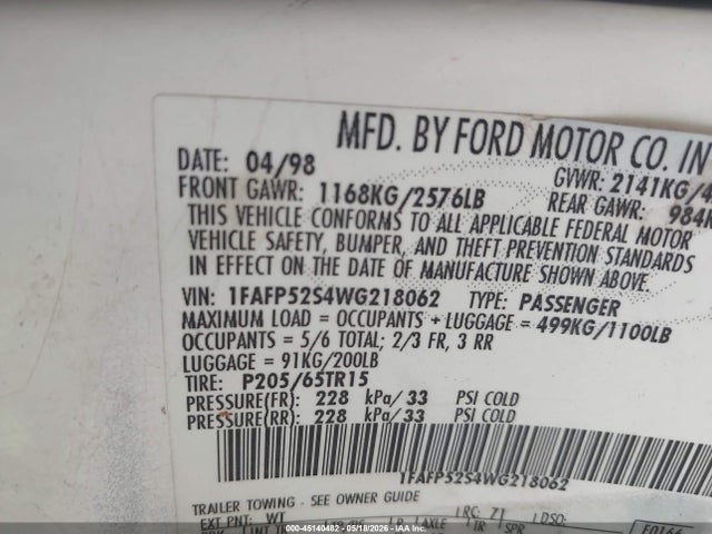 Продажа на аукционе авто 1998 Ford Taurus Lx/se, vin: 1FAFP52S4WG218062, номер лота: 45140482