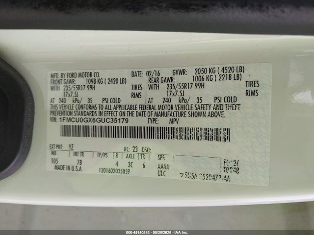 Aukcja sprzedaży 2016 Ford Escape Se, vin: 1FMCU0GX6GUC35179, numer aukcji: 45140483