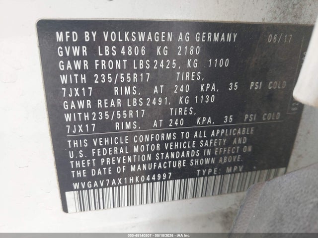 WVGAV7AX1HK044997 Volkswagen Tiguan 2.0t/2.0t S