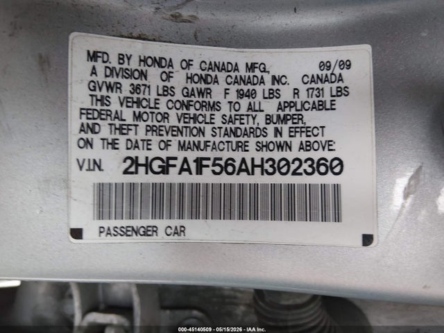 Aukcja sprzedaży 2010 Honda Civic Lx, vin: 2HGFA1F56AH302360, numer aukcji: 45140509