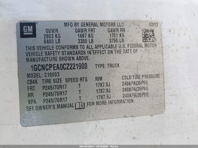 Продажа на аукционе авто 2012 Chevrolet Silverado 1500 Work Truck, vin: 1GCNCPEA0CZ221900, номер лота: 45140517