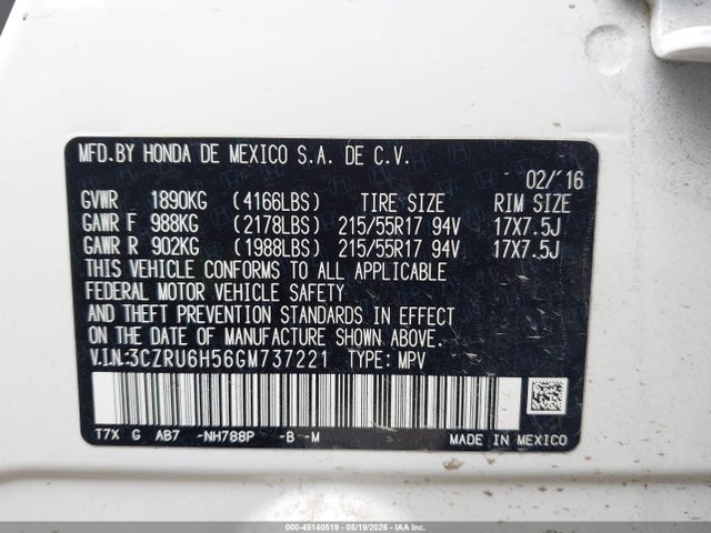 3CZRU6H56GM737221 Honda HR-V EX