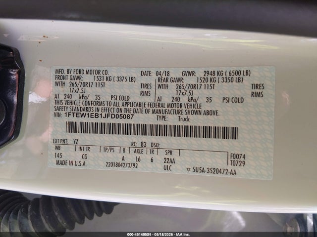 Aukcja sprzedaży 2018 Ford F-150 Xl, vin: 1FTEW1EB1JFD05087, numer aukcji: 45140521