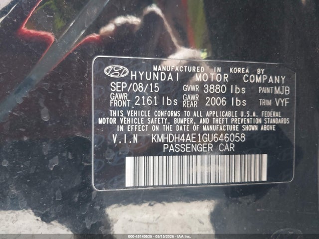 Aukcja sprzedaży 2016 Hyundai Elantra Se, vin: KMHDH4AE1GU646058, numer aukcji: 45140535