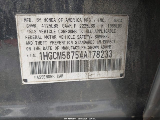 45140541 :رقم المزاد ، 1HGCM56754A178233 vin ، 2004 Honda Accord 2.4 Ex مزاد بيع