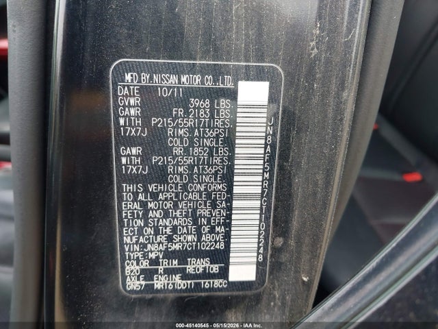 45140545 :رقم المزاد ، JN8AF5MR7CT102248 vin ، 2012 Nissan Juke Sl مزاد بيع