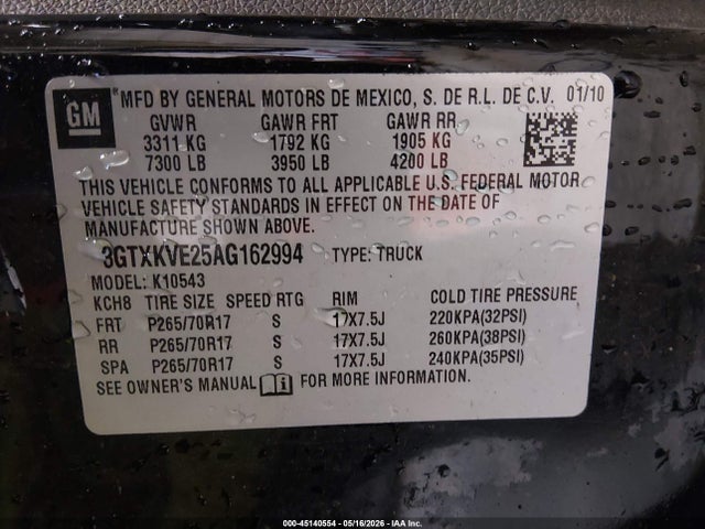 45140554 :رقم المزاد ، 3GTXKVE25AG162994 vin ، 2010 Gmc Sierra 1500 Sle مزاد بيع