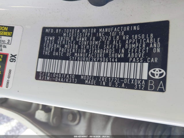 Продажа на аукционе авто 2019 Toyota Corolla L, vin: 5YFBURHE2KP906144, номер лота: 45140557