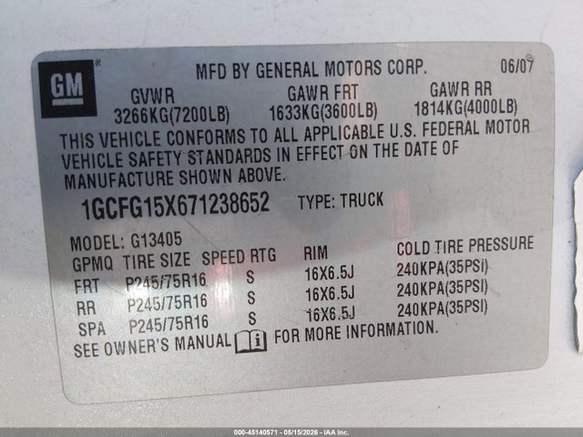 45140571 :رقم المزاد ، 1GCFG15X671238652 vin ، 2007 Chevrolet Express Work Van مزاد بيع