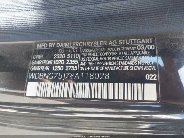 45140577 :رقم المزاد ، WDBNG75J7YA118028 vin ، 2000 Mercedes-benz S 500 مزاد بيع