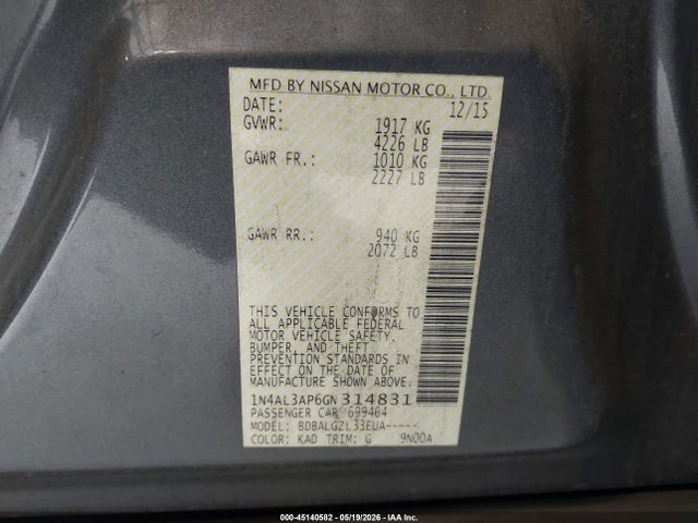1N4AL3AP6GN314831 Nissan Altima 2.5/2.5 S/2.5 Sl/2.5 Sr/2.5 Sv