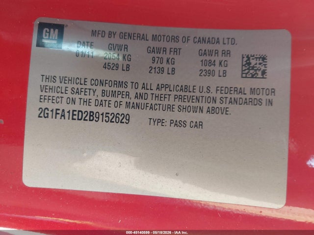 2011 Chevrolet Camaro 2ls მანქანა იყიდება აუქციონზე, vin: 2G1FA1ED2B9152629, აუქციონის ნომერი: 45140599