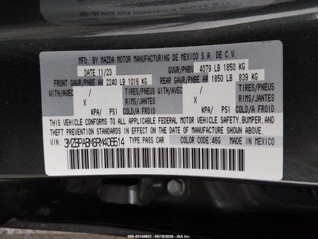 Aukcja sprzedaży 2024 Mazda Mazda3 2.5 S Select Sport, vin: 3MZBPABM8RM406514, numer aukcji: 45140602