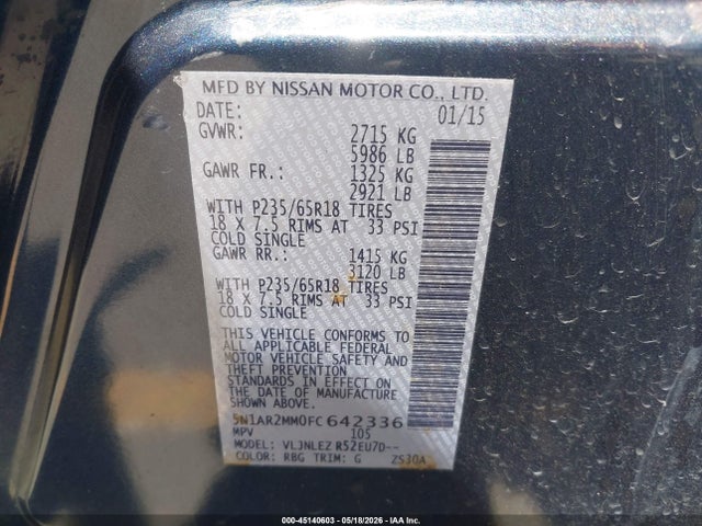 Nissan Pathfinder Sv 2015 5N1AR2MM0FC642336 Image 9