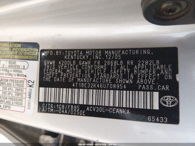 2006 Toyota Camry Le მანქანა იყიდება აუქციონზე, vin: 4T1BE32K46U708954, აუქციონის ნომერი: 45140604