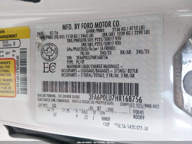 Продаж на аукціоні авто 2017 Ford Fusion Hybrid Se, vin: 3FA6P0LU7HR168756, номер лоту: 45140606