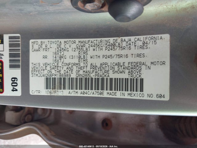 45140613 :رقم المزاد ، 3TMJU4GN8FM186989 vin ، 2015 Toyota Tacoma Prerunner V6 مزاد بيع