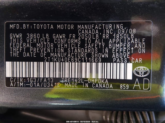2009 Toyota Matrix მანქანა იყიდება აუქციონზე, vin: 2T1KU40E69C111669, აუქციონის ნომერი: 45140614