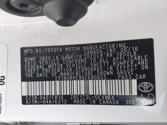 Aukcja sprzedaży 2016 Toyota Corolla Le, vin: 2T1BURHE9GC690655, numer aukcji: 45140615